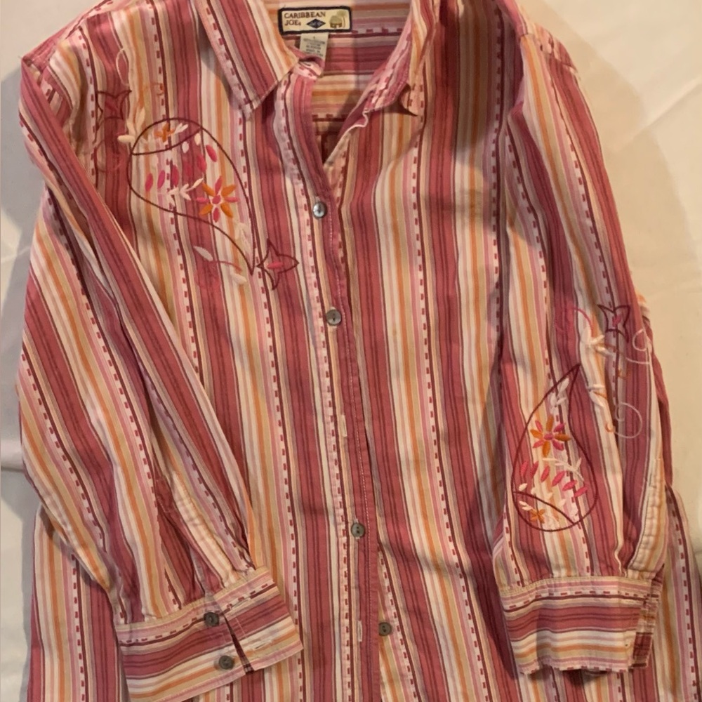 Caribbean Joe Pink and Orange Striped Button Down Shirt